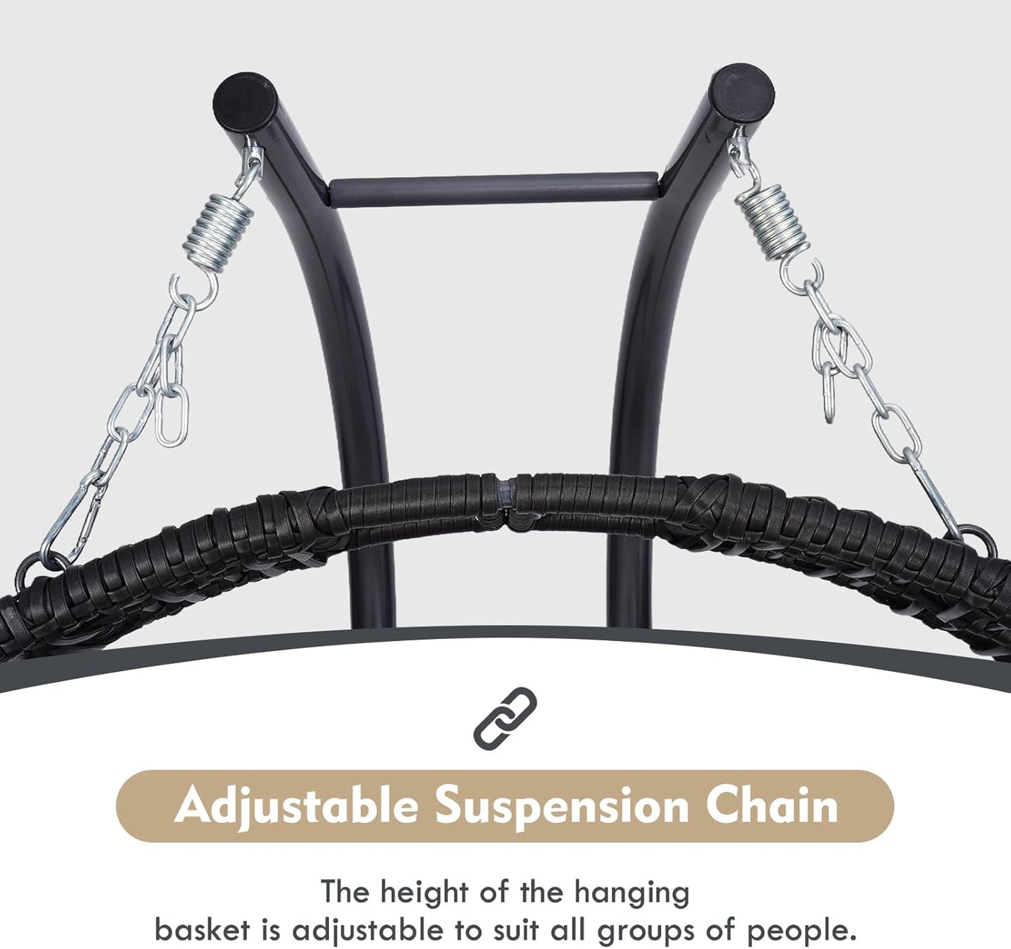 Hanging Double Egg Chair with Stand, Oversized 2 Person HDPE Rattan with Convertible Armrest for Reclining with All-Weather Cushion and Heavy Duty Frame for Indoor Outdoor, 700Lbs Capacity (Black)