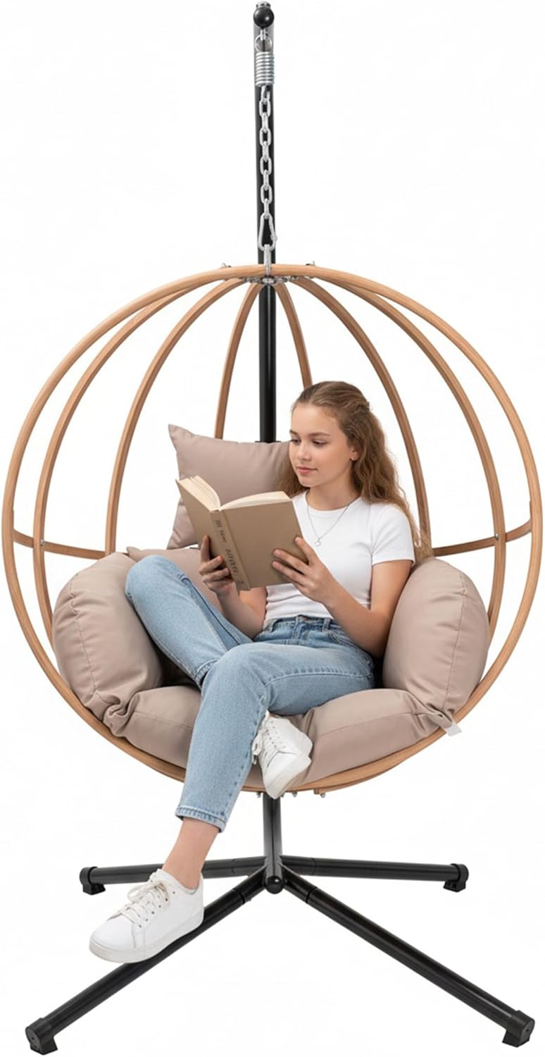 Outdoor Egg Chairs, 2 Person Double Egg Swing Chair with Stand, Patio Swing Chair with Cushions/Headrest, 80" Height Hanging Chair with Stand Indoor, Metal Basket Seat for Bedroom, Khaki