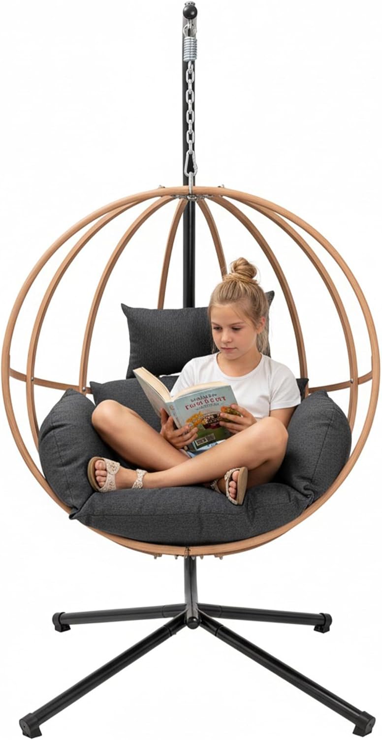 Outdoor Egg Chairs, 2 Person Double Egg Swing Chair with Stand, Patio Swing Chair with Cushions/Headrest, 80" Height Hanging Chair with Stand Indoor, Metal Basket Seat for Bedroom, Khaki