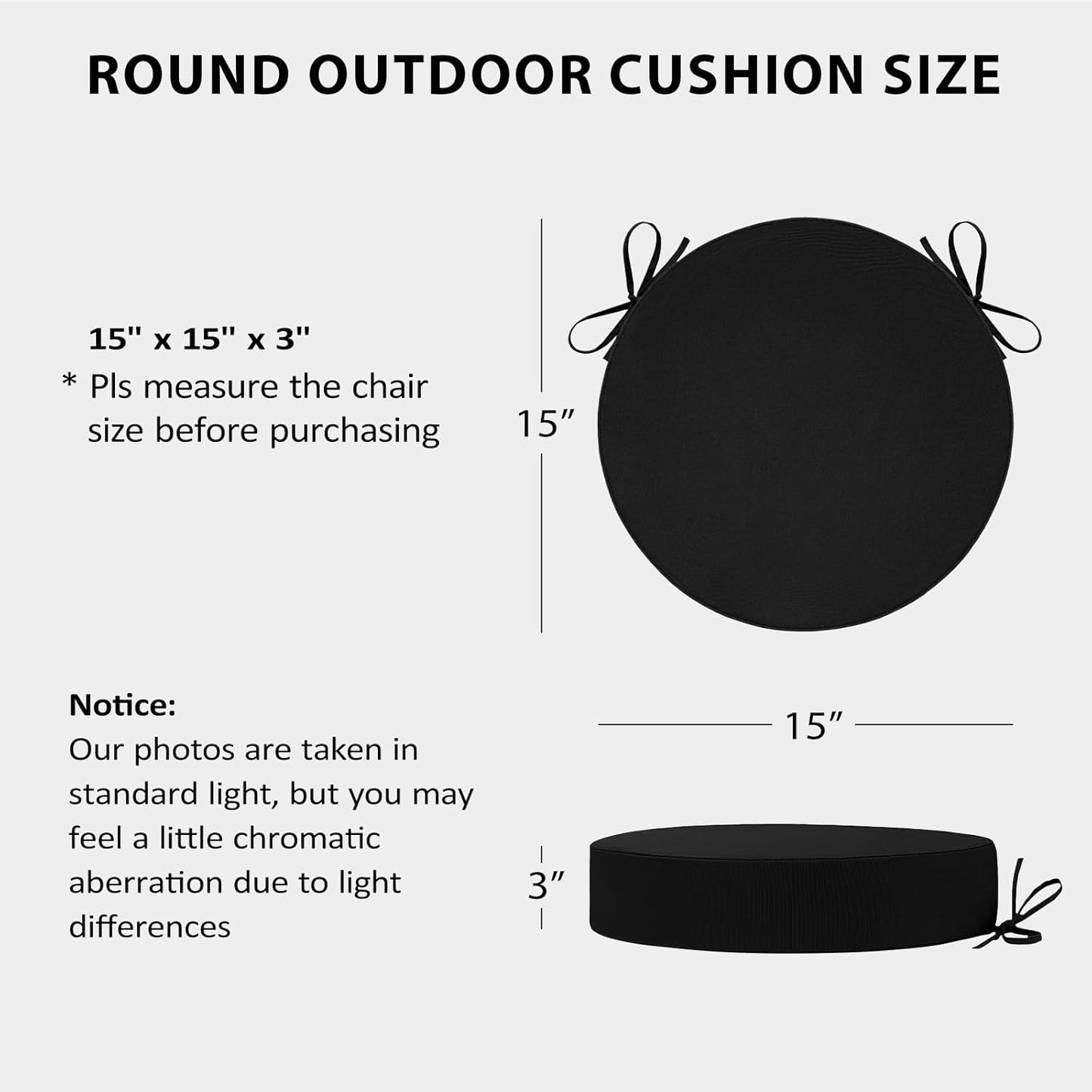 Cozyide Waterproof Outdoor Bistro Chair Cushions with Non-Slip Ties, Thickened Round Outdoor Cushions with Removable Covers, 4 Pack, 15"x15"x3", Black