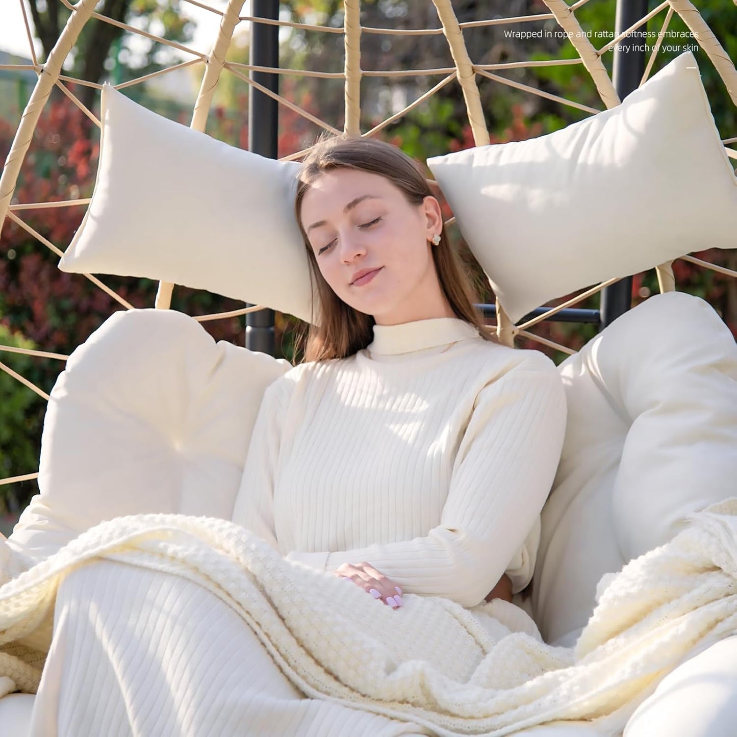 Easyego Double Egg Chair, 2-Person Hammock Chair with Stand, 660LBS Capacity, Thick Padded Cushion, UV Resistant PE Rattan Wicker, Indoor/Outdoor for Garden, Patio, Lawn, Bedroom, Balcony (Beige)