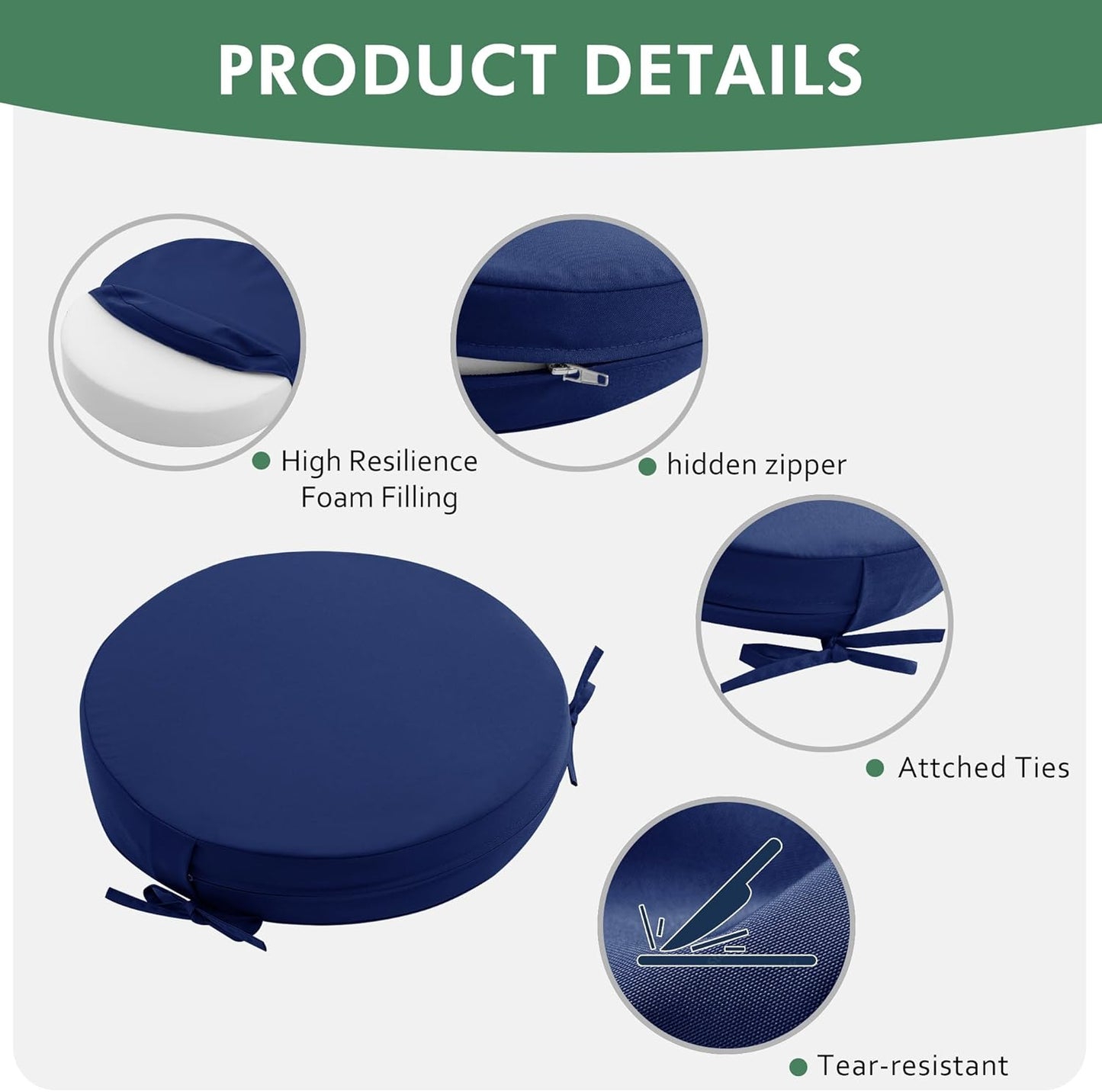 Outdoor Bistro Chair Cushions Set of 2, 15" D x 3" H Round Chair Cushions Waterproof and Fade Resistant Chair Cushion Pads with Non-Slip Ties and Removable Covers for Garden, Navy Blue