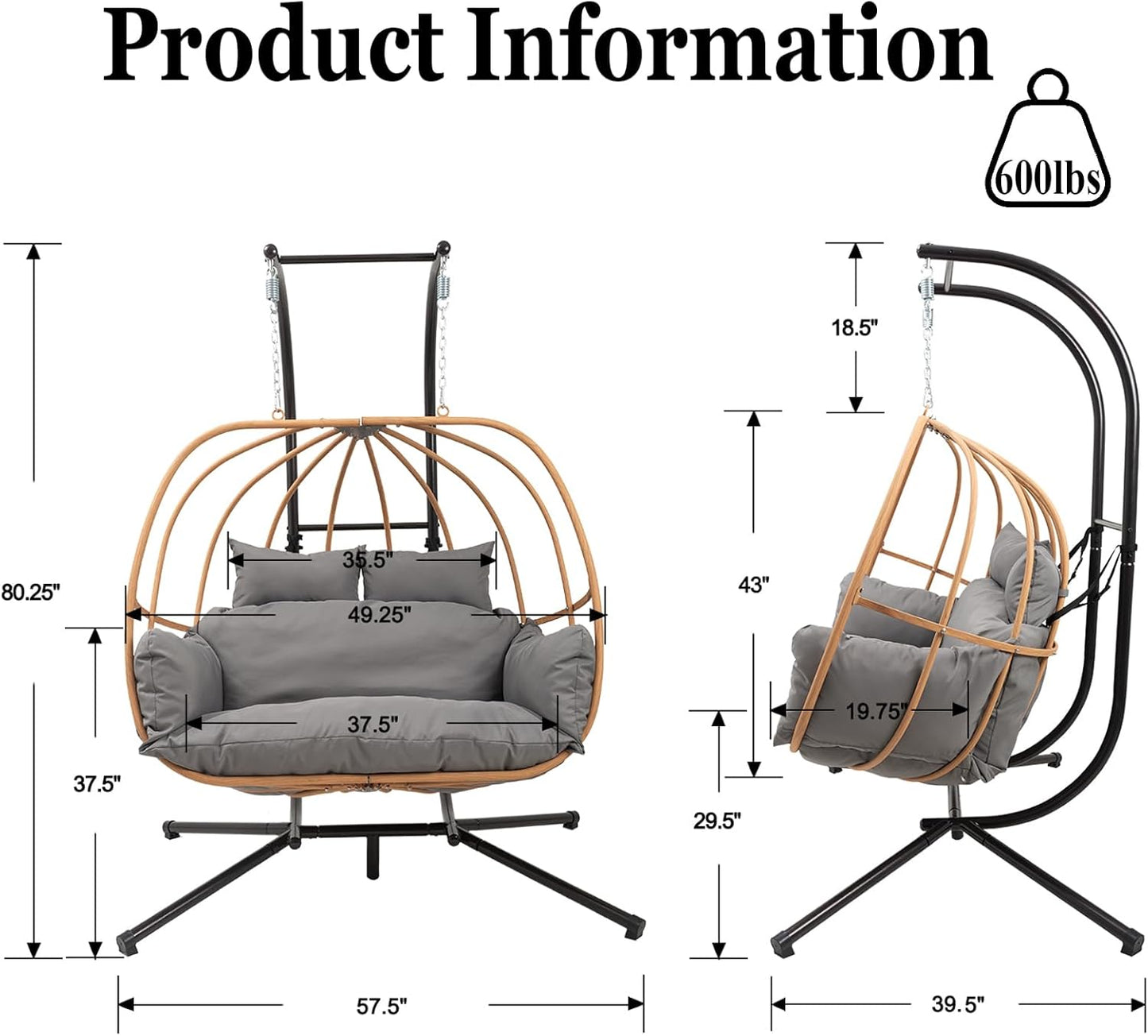 Double Egg Chair with Stand, Oversized Egg Chair Outdoor, 2-Person Hanging Eggs Chairs, 600Lbs Sturdy Loveseat Swinging Chair for Balcony, Patio, Deck, Grey