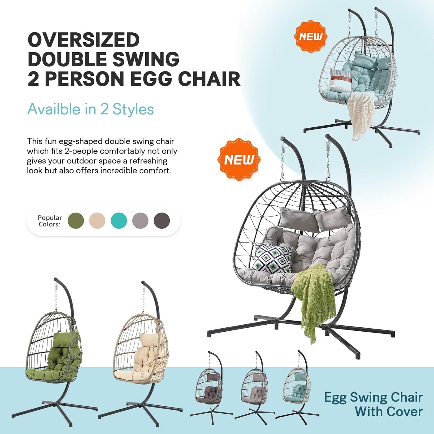 Patiorama 2 Person Double Egg Swing Chair with Stand Indoor Outdoor, Patio Wicker Rattan Hanging Egg Chair w/Cushion, Pillow, Foldable Hammock Chair 550lbs for Bedroom, Balcony, Garden (Light Grey)