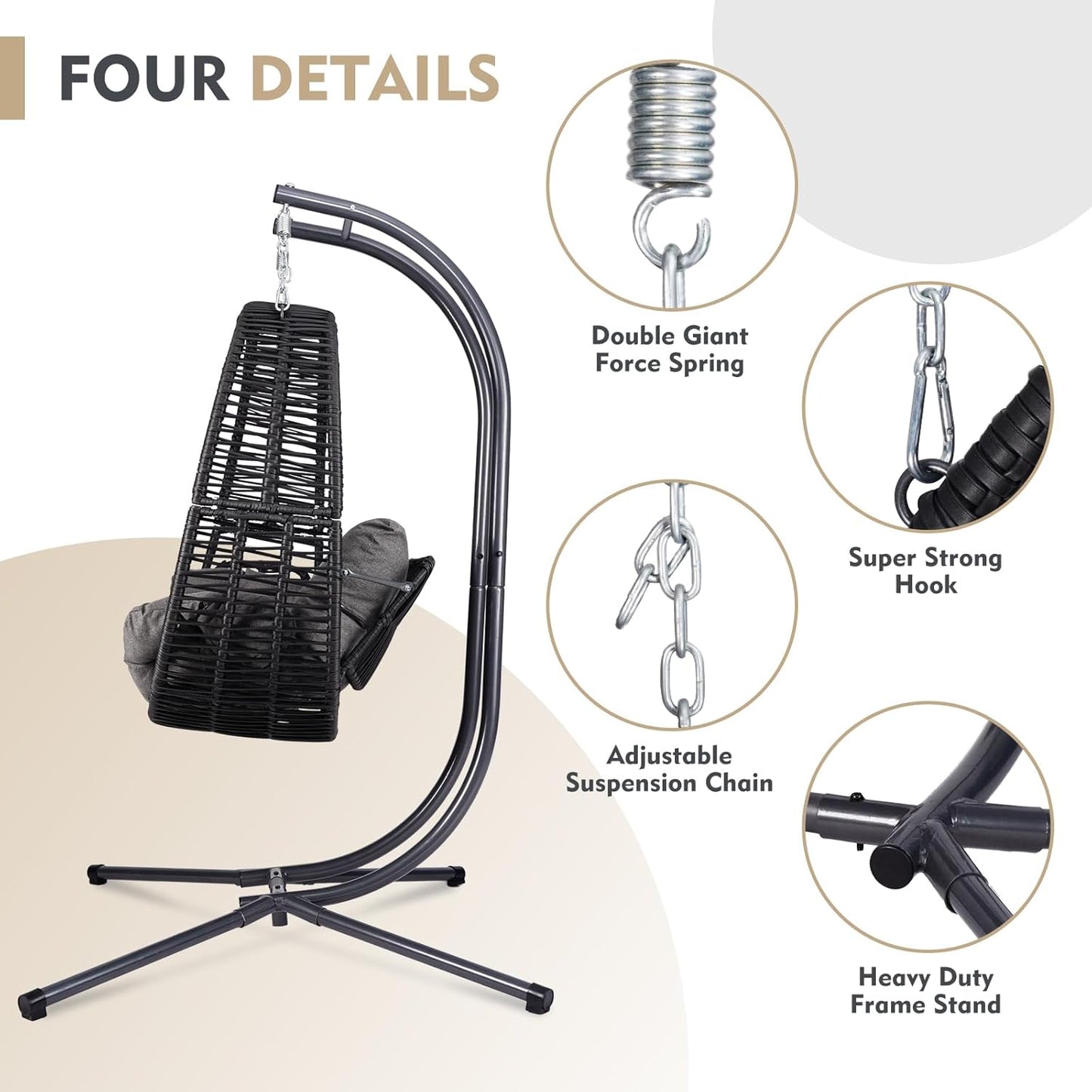 Hanging Double Egg Chair with Stand, Oversized 2 Person HDPE Rattan with Convertible Armrest for Reclining with All-Weather Cushion and Heavy Duty Frame for Indoor Outdoor, 700Lbs Capacity (Black)