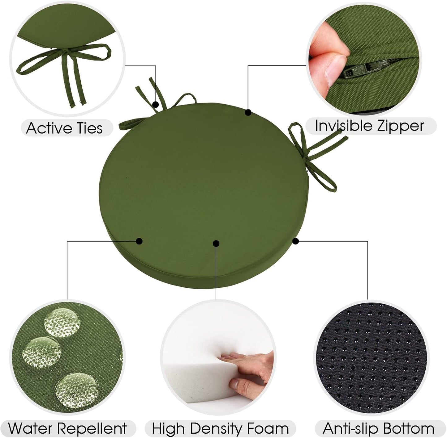 GUEGLSA Indoor Outdoor Round Chair Cushions 15 inch, Waterproof Bistro Seat Cushion with Ties ,Non Slip Circle Stool Chair Pads Set of 2, Green