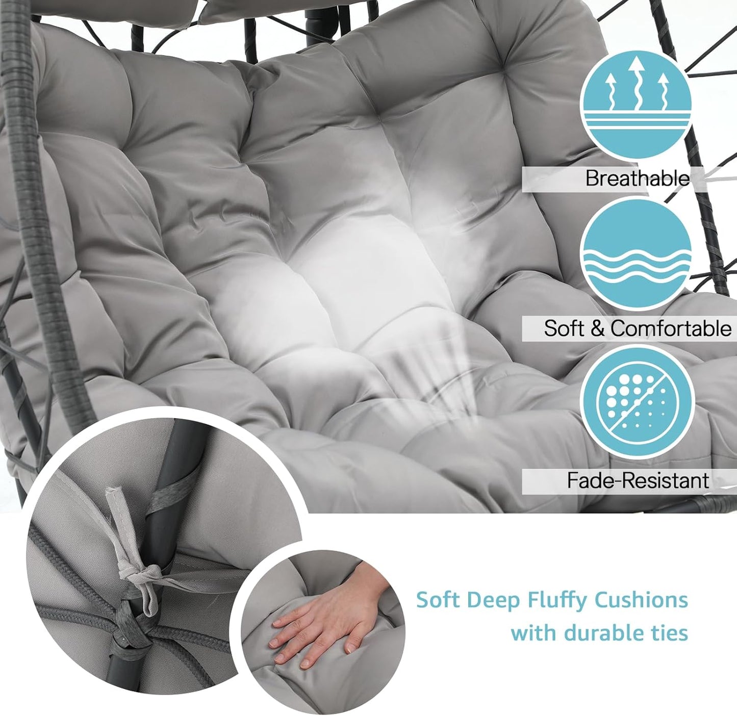 Patiorama 2 Person Double Egg Swing Chair with Stand Indoor Outdoor, Patio Wicker Rattan Hanging Egg Chair w/Cushion, Pillow, Foldable Hammock Chair 550lbs for Bedroom, Balcony, Garden (Light Grey)