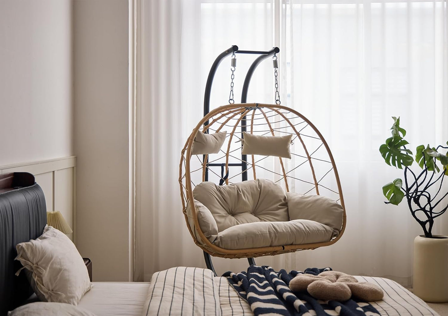 2 Person Egg Swing Chair with Stand - Indoor/Outdoor Hammock Chair & Hanging Egg Chair | Rattan Wicker, 550LBS Capacity for Bedroom, Patio, Balcony, Garden (Yellow)