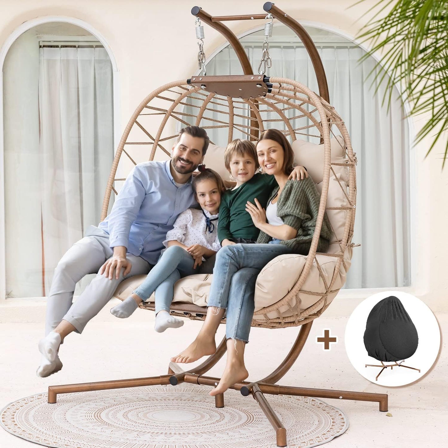 NICESOUL Oversized 2 Person Double Egg Chair Indoor Outdoor, Wide Large Swing Chair with Stand, All-Weather Patio Hanging Egg Hammock Seating, 700lbs Sturdy Porch Swings for Backyard, Cream with Cover