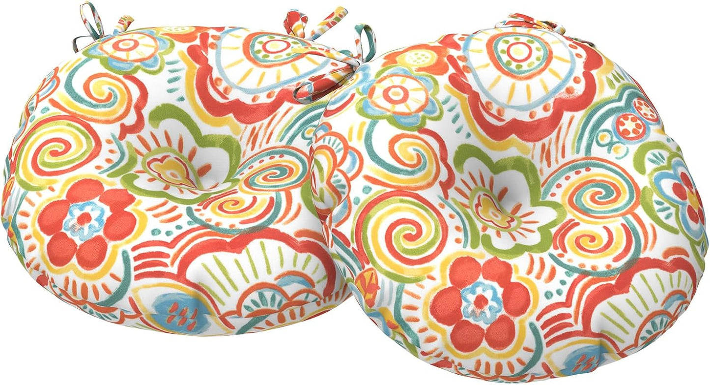 Outdoor Bistro Chair Cushions, Water Repellent Furniture Chair Pads Set of 2, Round Pillow for Decoration Home and Garden, 15”x15”x4”, Stripe Layered Blue