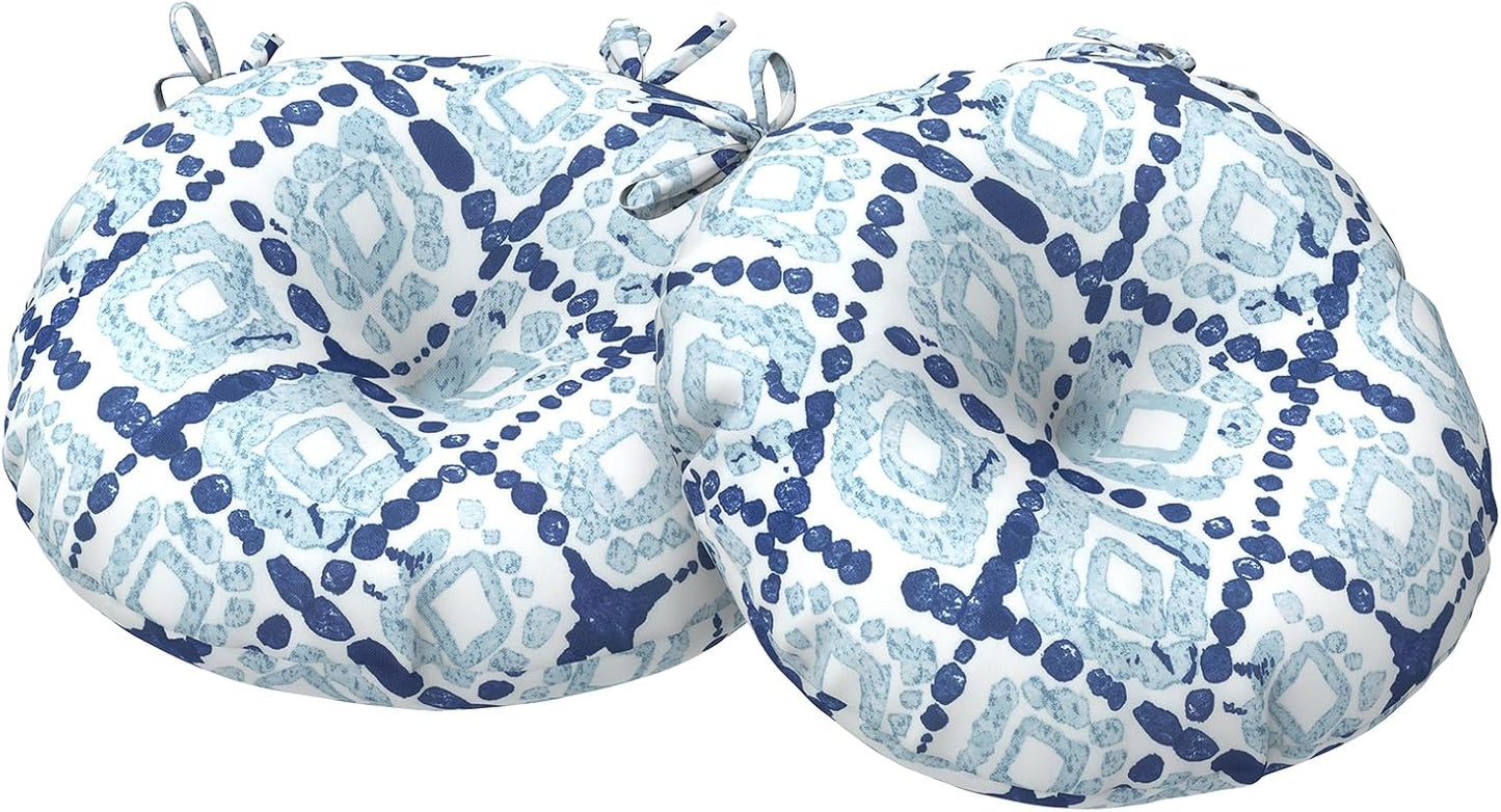 Outdoor Bistro Chair Cushions, Water Repellent Furniture Chair Pads Set of 2, Round Pillow for Decoration Home and Garden, 15”x15”x4”, Stripe Layered Blue
