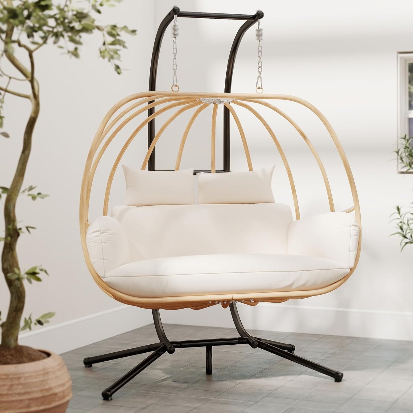 Double Egg Chair with Stand, Oversized Egg Chair Outdoor, 2-Person Hanging Eggs Chairs, 600Lbs Sturdy Loveseat Swinging Chair for Balcony, Patio, Deck, Grey
