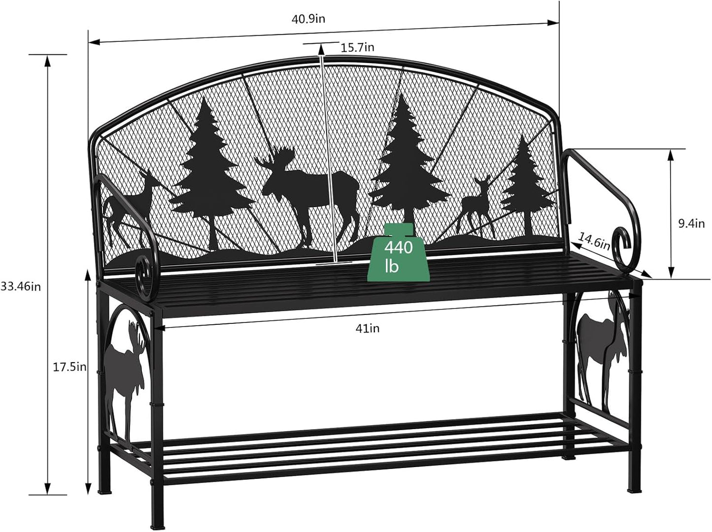 Outdoor Bench, Garden Bench with Backrest and Armrests, Patio Bench with Forest Series Pattern, Anti- Rust Thickened Metal Bench Outdoor for Garden, Yard, Patio, Porch, Lawn and Park