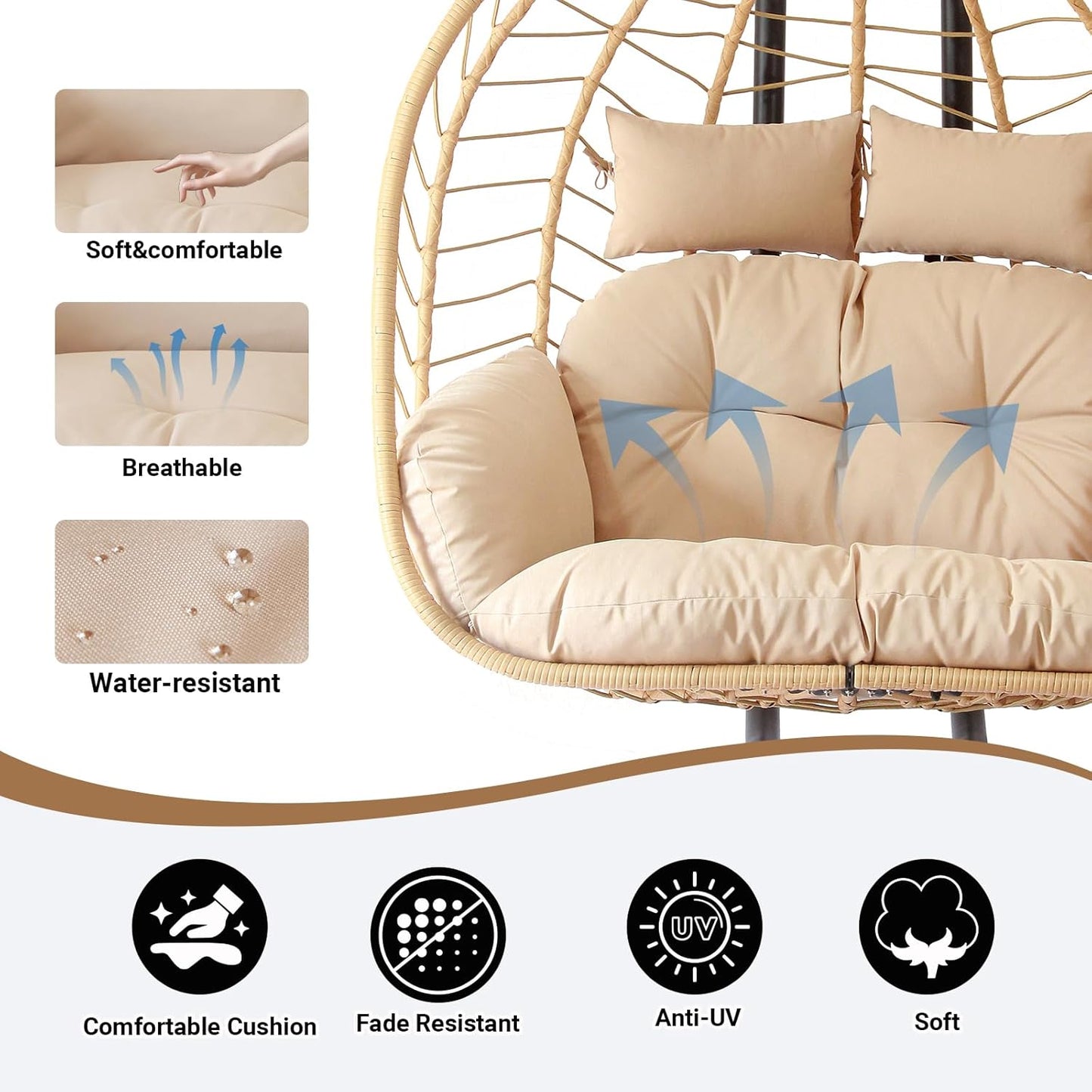 Double Egg Chair with Stand, Patio Wicker Hanging Swing Egg Chair Thickened, Galvanized Pipe Steel Frame and UV Resistant Cushion for Bedroom Garden Indoor Outdoor, 440LBS Capacity (Natural Beige)