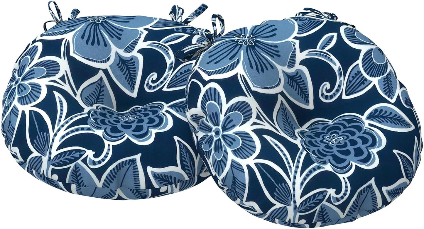 Outdoor Bistro Chair Cushions, Water Repellent Furniture Chair Pads Set of 2, Round Pillow for Decoration Home and Garden, 15”x15”x4”, Stripe Layered Blue