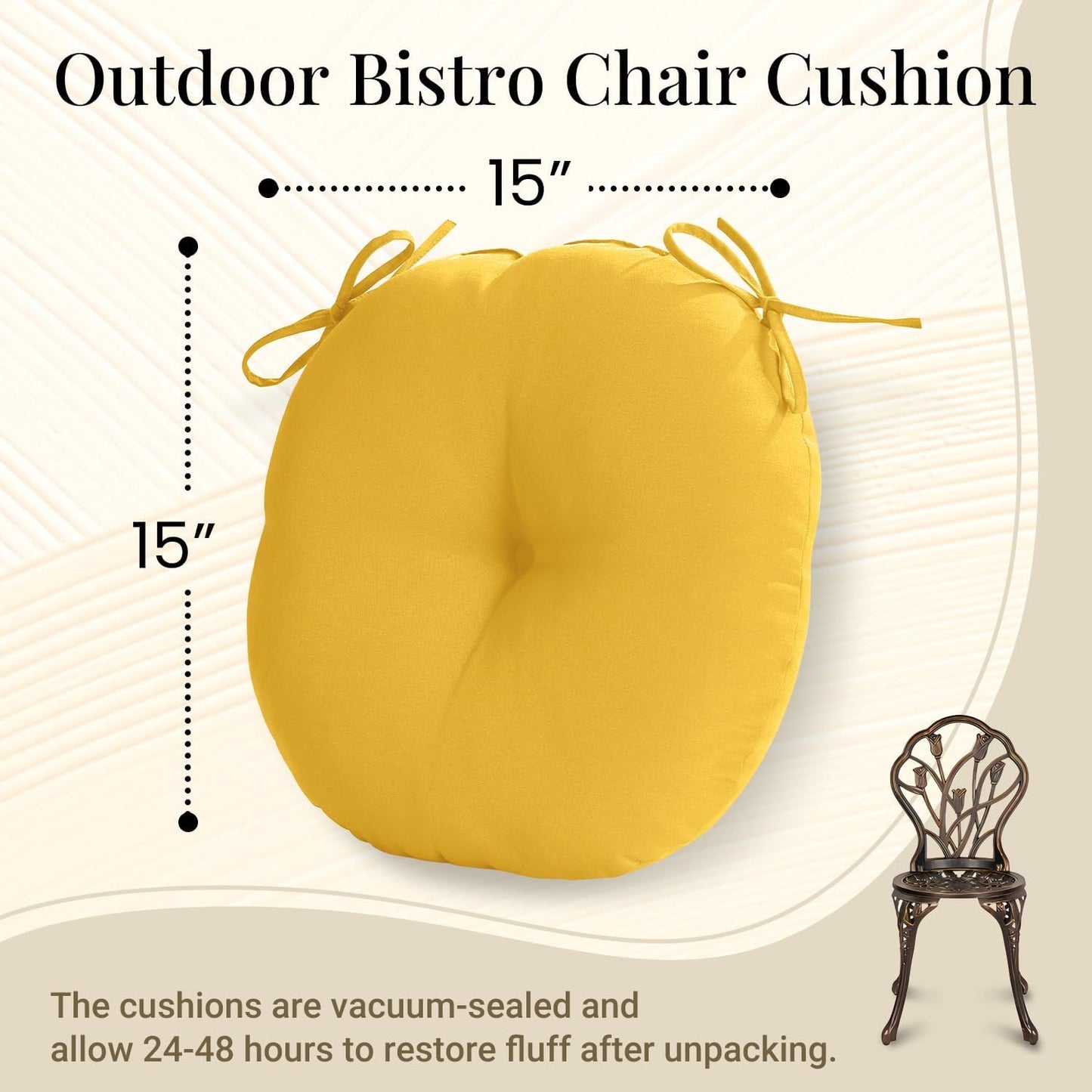 downluxe Bistro Chair Cushions for Patio Furniture, Water-Resistant Round Outdoor Chair Cushions Set of 4 with Non-Slip Ties, 15" x 15", Yellow