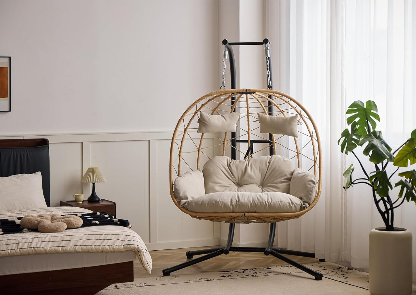 2 Person Egg Swing Chair with Stand - Indoor/Outdoor Hammock Chair & Hanging Egg Chair | Rattan Wicker, 550LBS Capacity for Bedroom, Patio, Balcony, Garden (Yellow)