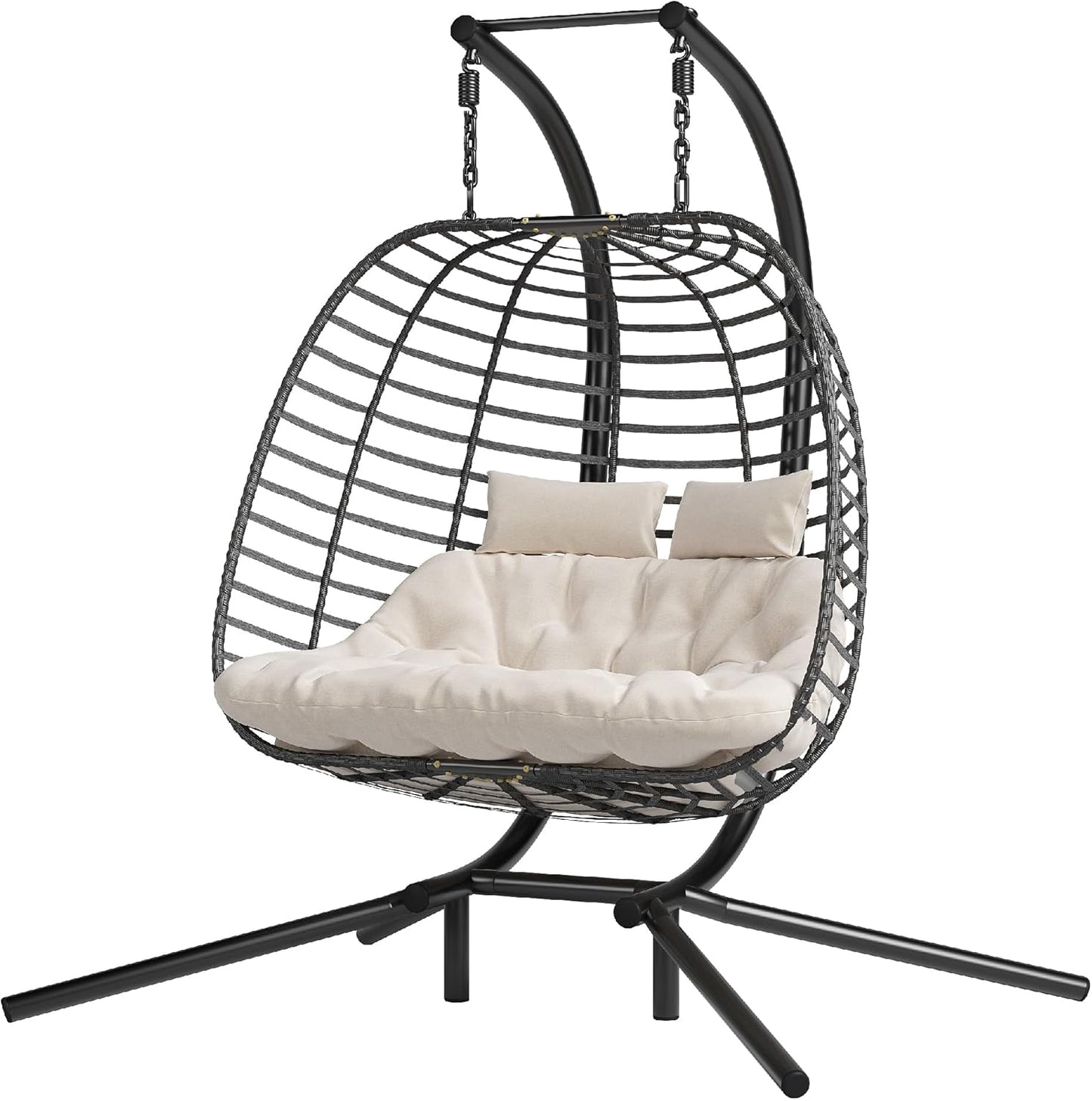 Double Hanging Egg Chair wth Stand, Patio Hammock Swing Chair with Cushion Loveseat for Bedroom, Balcony, Garden, Indoor, Outdoor