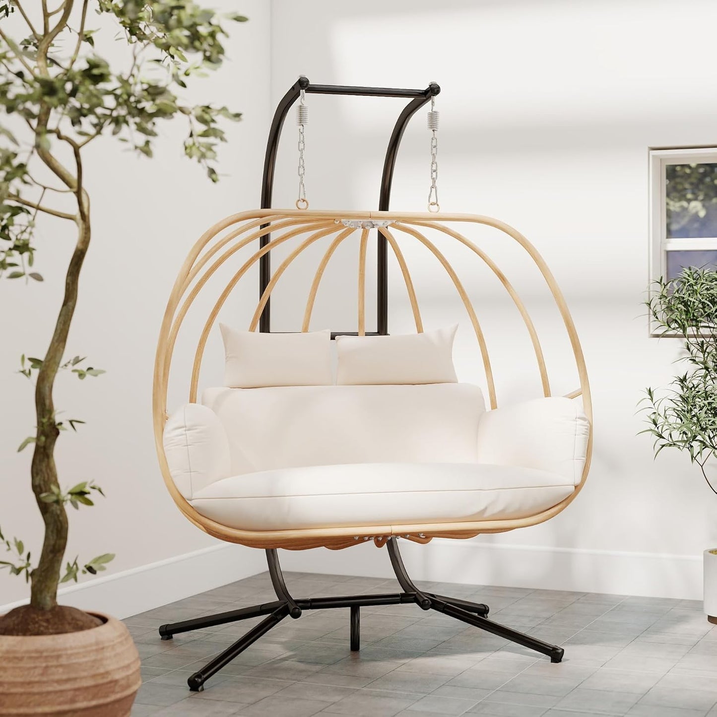Outdoor Egg Chairs, 2 Person Double Egg Swing Chair with Stand, Patio Swing Chair with Cushions/Headrest, 80" Height Hanging Chair with Stand Indoor, Metal Basket Seat for Bedroom, Khaki
