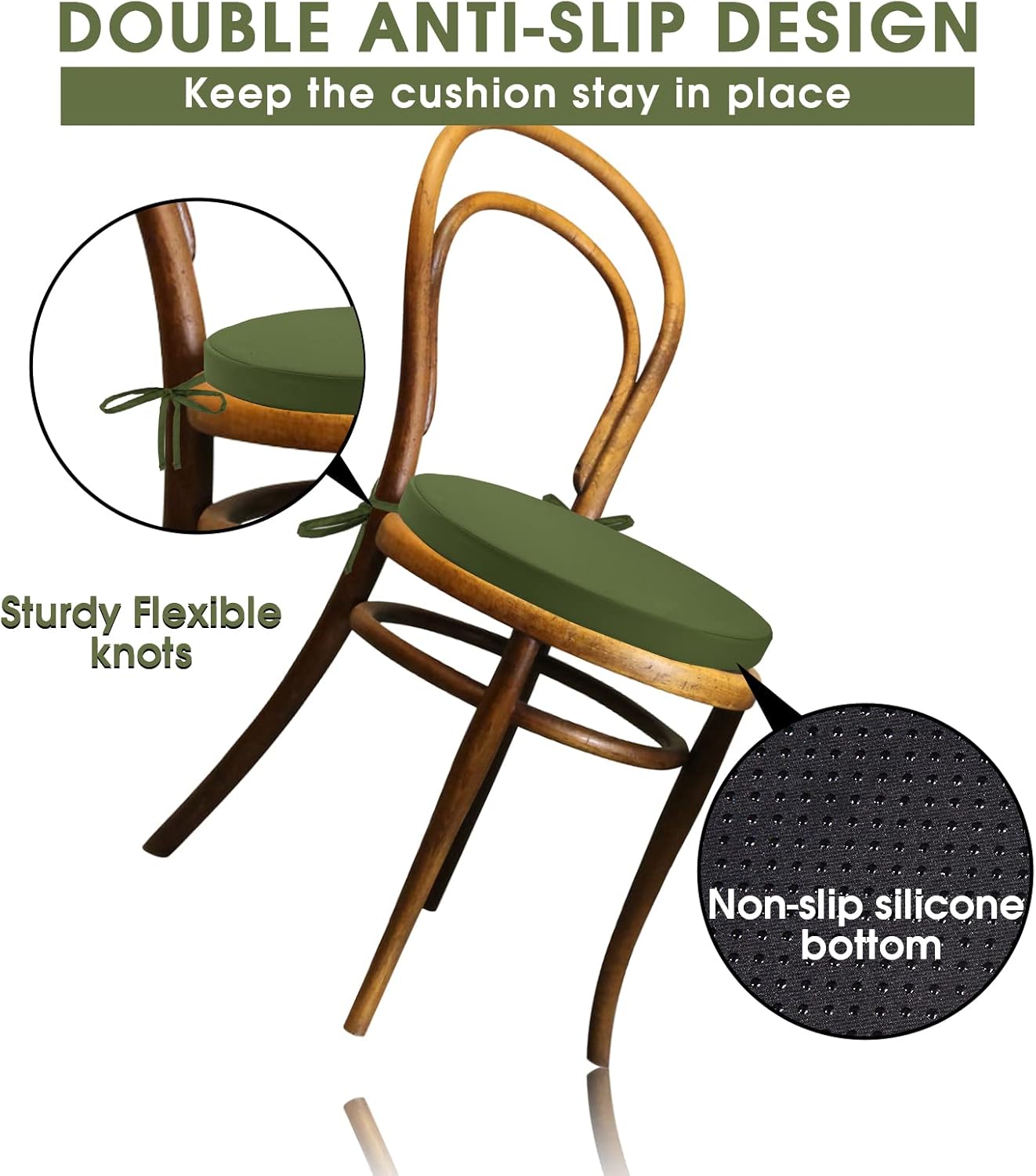 GUEGLSA Indoor Outdoor Round Chair Cushions 15 inch, Waterproof Bistro Seat Cushion with Ties ,Non Slip Circle Stool Chair Pads Set of 2, Green