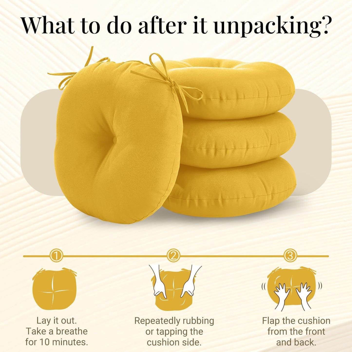 downluxe Bistro Chair Cushions for Patio Furniture, Water-Resistant Round Outdoor Chair Cushions Set of 4 with Non-Slip Ties, 15" x 15", Yellow
