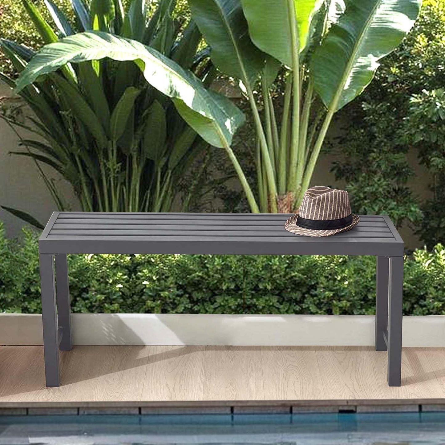 Grey Outdoor Backless Bench for Garden, Set of 2, Metal Outdoor Bench Weatherproof, Patio Benches for Outdoors, Benches Seat for Backyard, Porch, Plant Stand and Holder