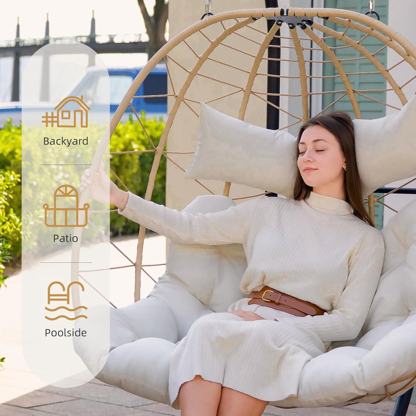 Easyego Double Egg Chair, 2-Person Hammock Chair with Stand, 660LBS Capacity, Thick Padded Cushion, UV Resistant PE Rattan Wicker, Indoor/Outdoor for Garden, Patio, Lawn, Bedroom, Balcony (Beige)