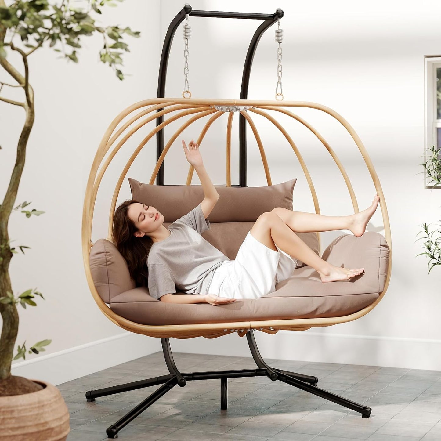 Double Egg Chair with Stand, Oversized Egg Chair Outdoor, 2-Person Hanging Eggs Chairs, 600Lbs Sturdy Loveseat Swinging Chair for Balcony, Patio, Deck, Grey