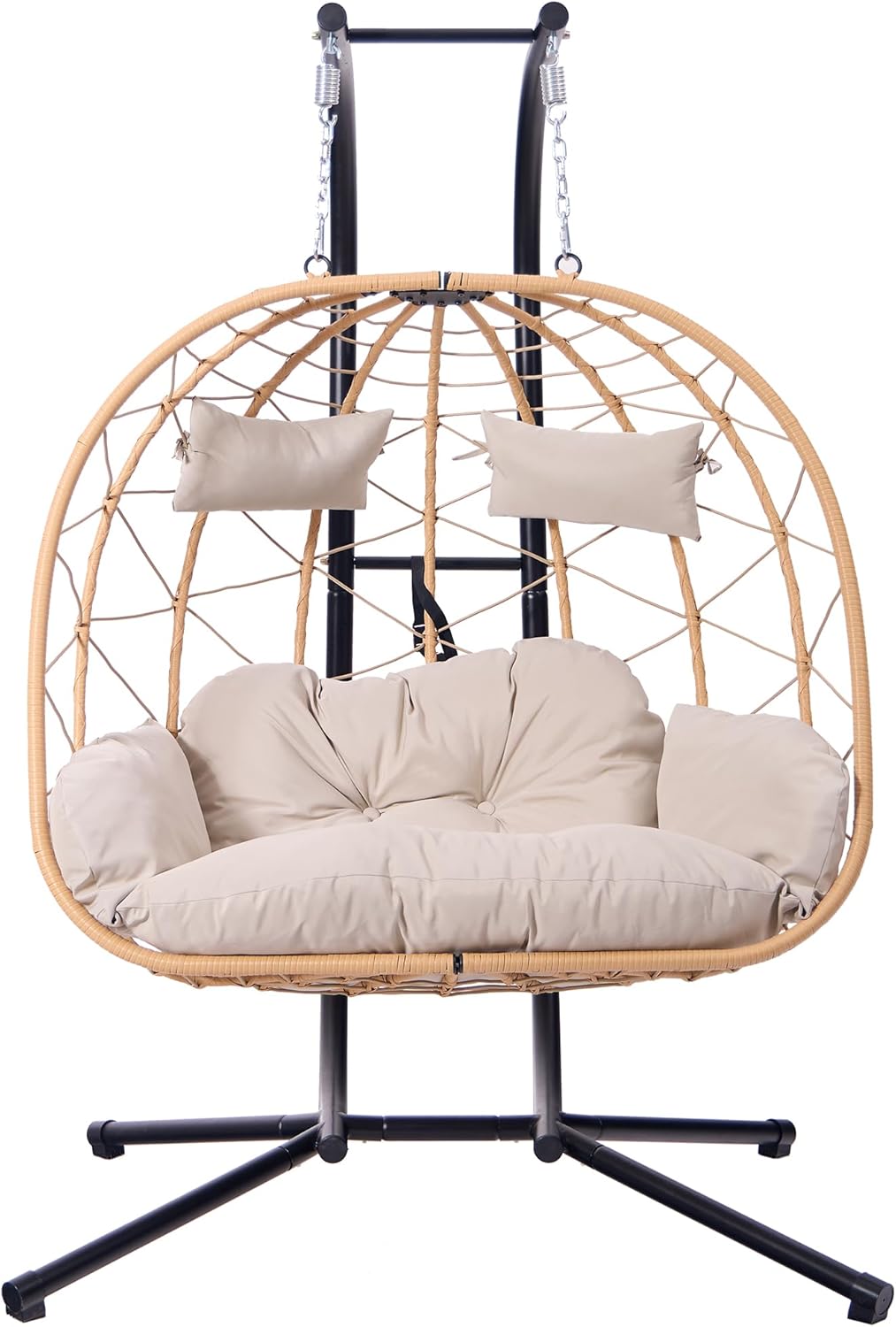 2 Person Egg Swing Chair with Stand - Indoor/Outdoor Hammock Chair & Hanging Egg Chair | Rattan Wicker, 550LBS Capacity for Bedroom, Patio, Balcony, Garden (Yellow)