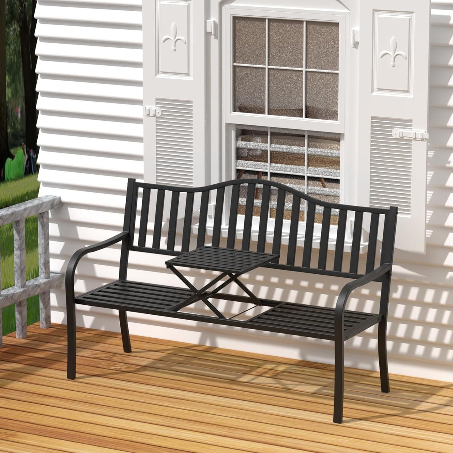 SHGJ&SOFT Outdoor Bench, Garden Bench, Cast Iron Metal Frame Patio Park Bench with a Small Table, for Porch, Lawn, Garden, Yard (D2644BK-1)