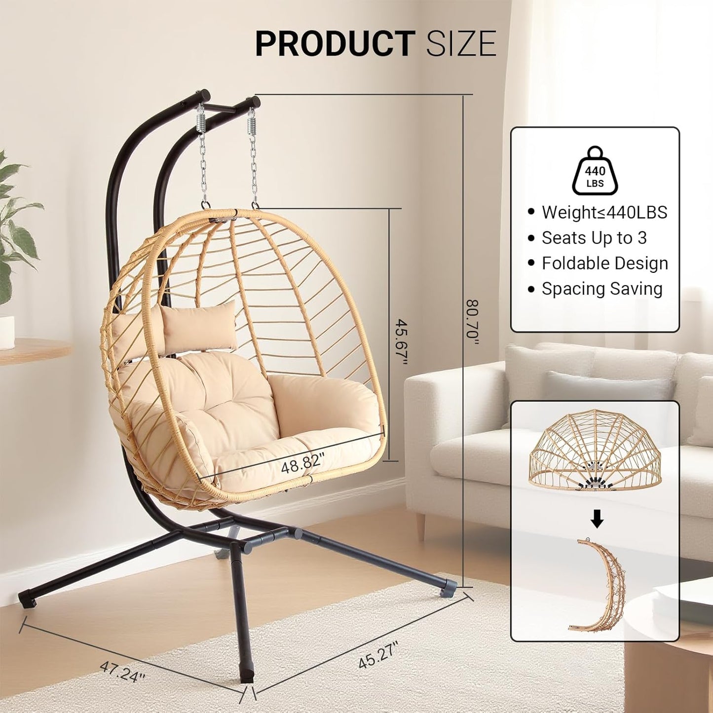 Double Egg Chair with Stand, Patio Wicker Hanging Swing Egg Chair Thickened, Galvanized Pipe Steel Frame and UV Resistant Cushion for Bedroom Garden Indoor Outdoor, 440LBS Capacity (Natural Beige)
