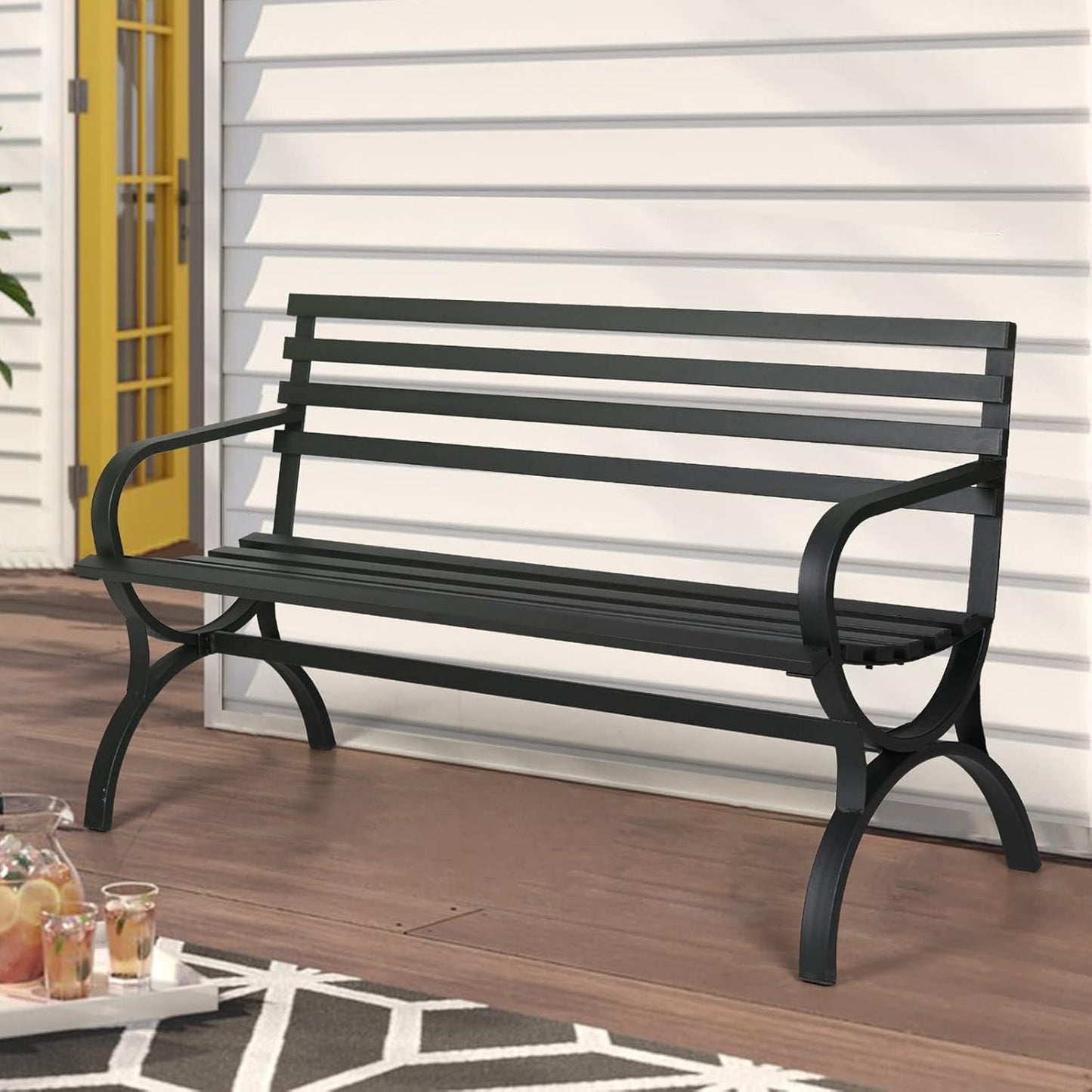 Sophia & William 50" Outdoor Garden Bench Patio Park Bench, Cast Iron Metal Frame Furniture with Floral Design Backrest for Porch Yard Lawn Deck, Black