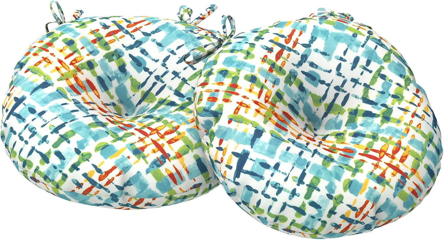 Outdoor Bistro Chair Cushions, Water Repellent Furniture Chair Pads Set of 2, Round Pillow for Decoration Home and Garden, 15”x15”x4”, Stripe Layered Blue