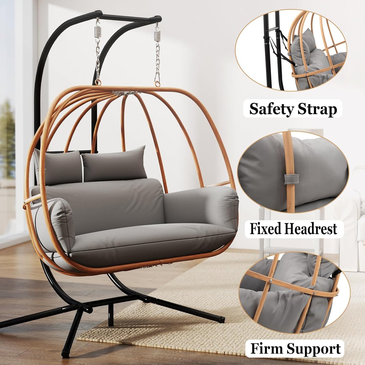 Double Egg Chair with Stand, Oversized Egg Chair Outdoor, 2-Person Hanging Eggs Chairs, 600Lbs Sturdy Loveseat Swinging Chair for Balcony, Patio, Deck, Grey