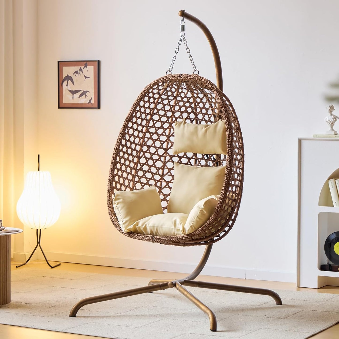 Double Hanging Swing Egg Chair with Stand, Hexagon Wicker Hammock Swing Chair for Outdoor Garden Patio, 2 Person Egg Chair with Foldable Loveseat Removable Cushions (Dark Grey)