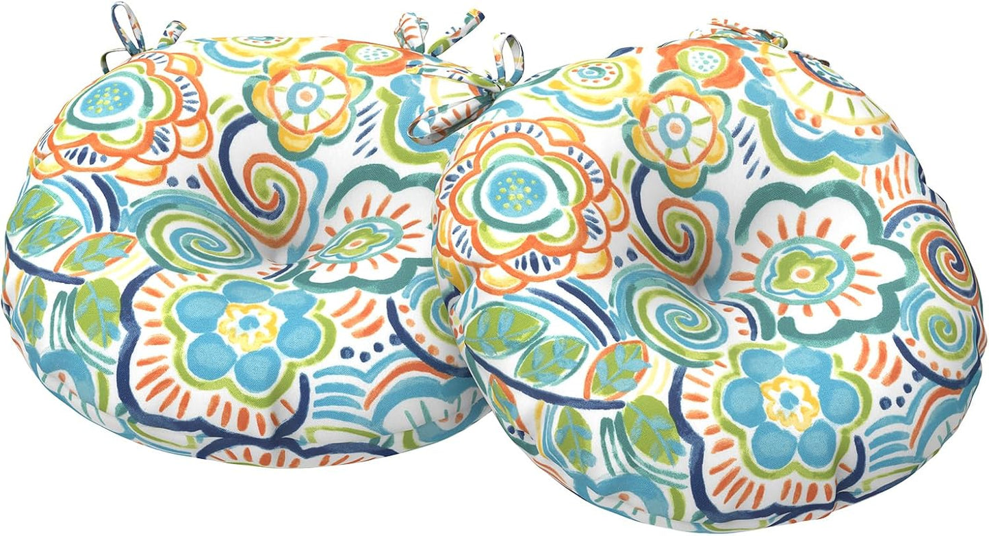 Outdoor Bistro Chair Cushions, Water Repellent Furniture Chair Pads Set of 2, Round Pillow for Decoration Home and Garden, 15”x15”x4”, Stripe Layered Blue