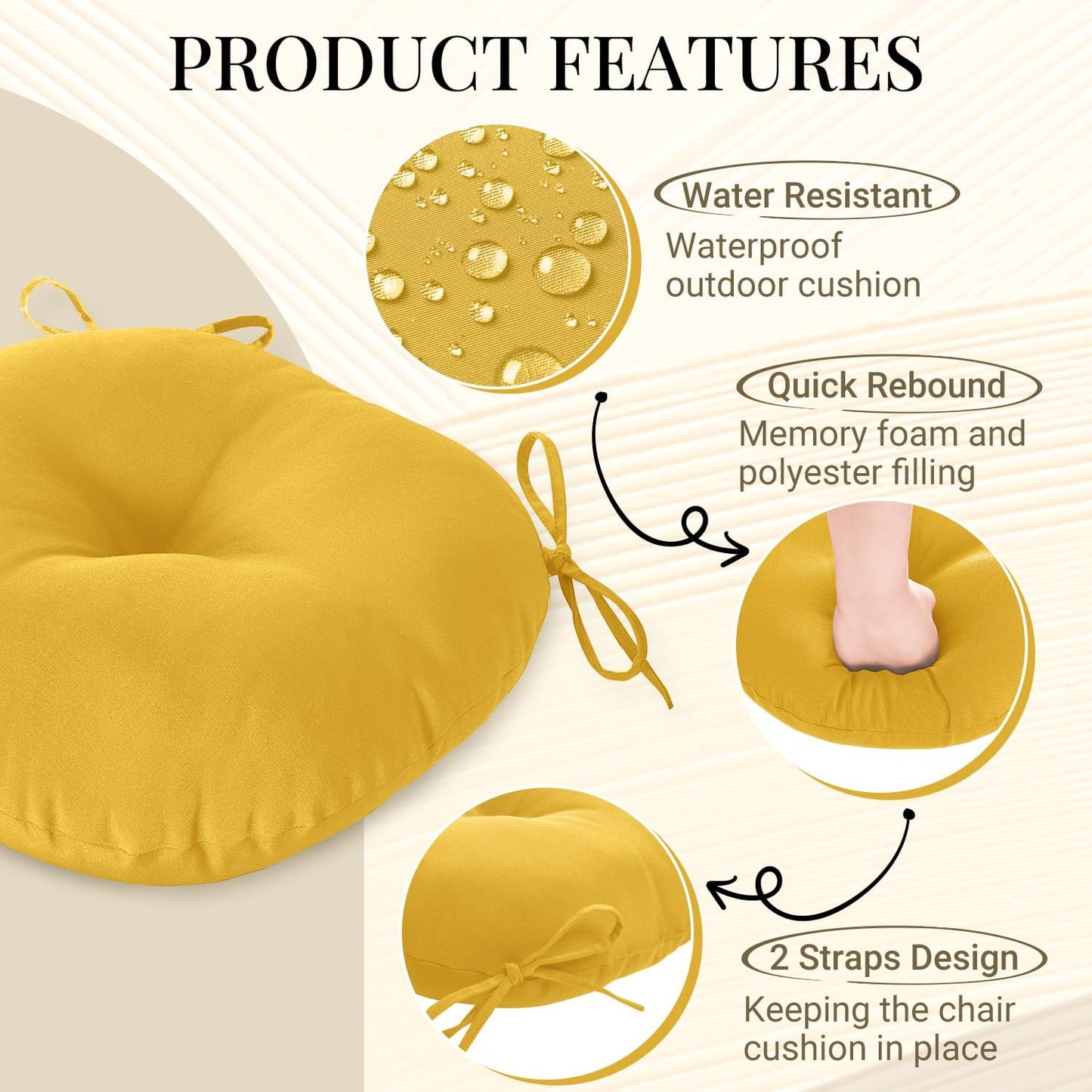 downluxe Bistro Chair Cushions for Patio Furniture, Water-Resistant Round Outdoor Chair Cushions Set of 4 with Non-Slip Ties, 15" x 15", Yellow