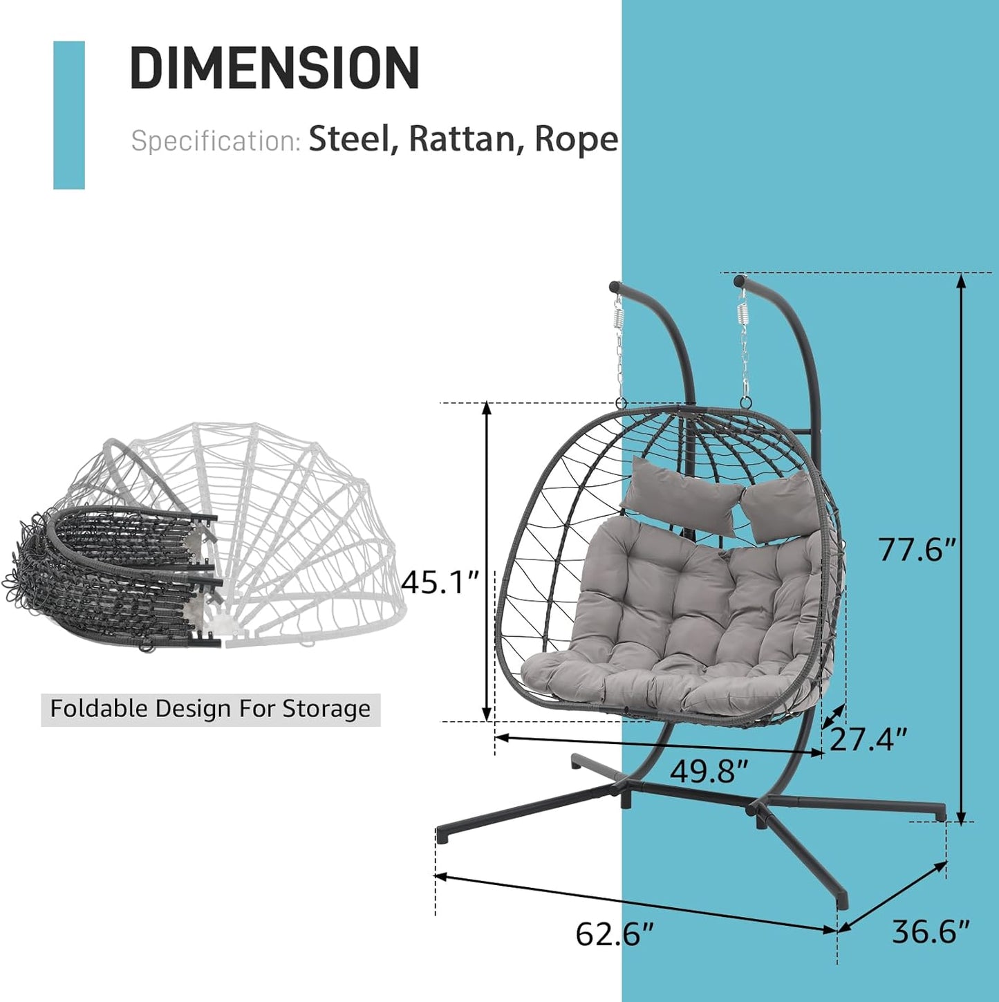 Patiorama 2 Person Double Egg Swing Chair with Stand Indoor Outdoor, Patio Wicker Rattan Hanging Egg Chair w/Cushion, Pillow, Foldable Hammock Chair 550lbs for Bedroom, Balcony, Garden (Light Grey)