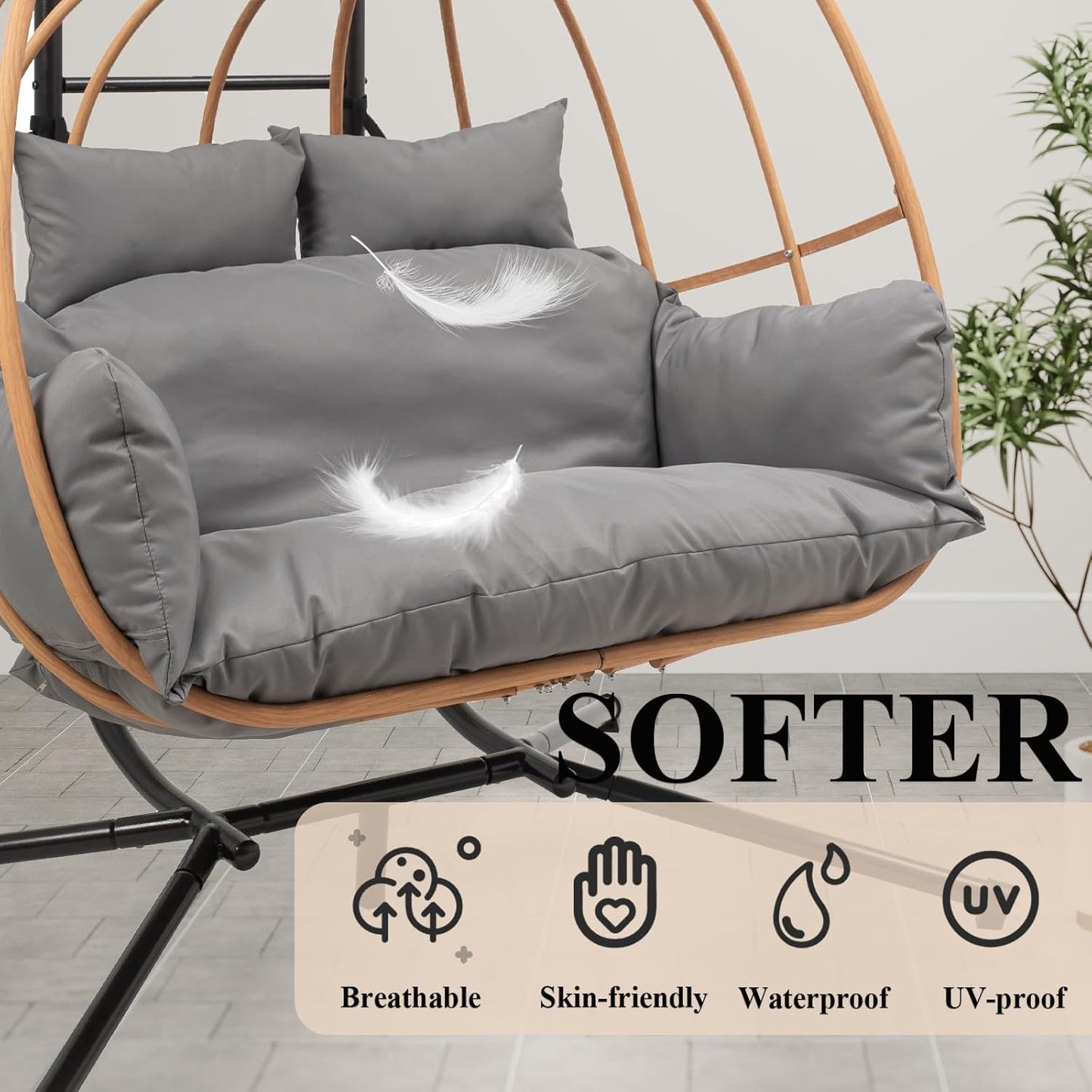 Double Egg Chair with Stand, Oversized Egg Chair Outdoor, 2-Person Hanging Eggs Chairs, 600Lbs Sturdy Loveseat Swinging Chair for Balcony, Patio, Deck, Grey