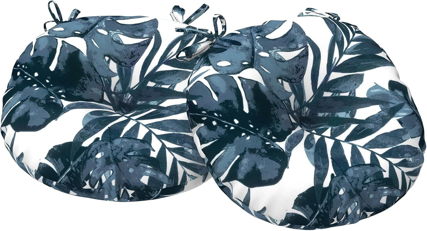 Outdoor Bistro Chair Cushions, Water Repellent Furniture Chair Pads Set of 2, Round Pillow for Decoration Home and Garden, 15”x15”x4”, Clemens Noir Blue