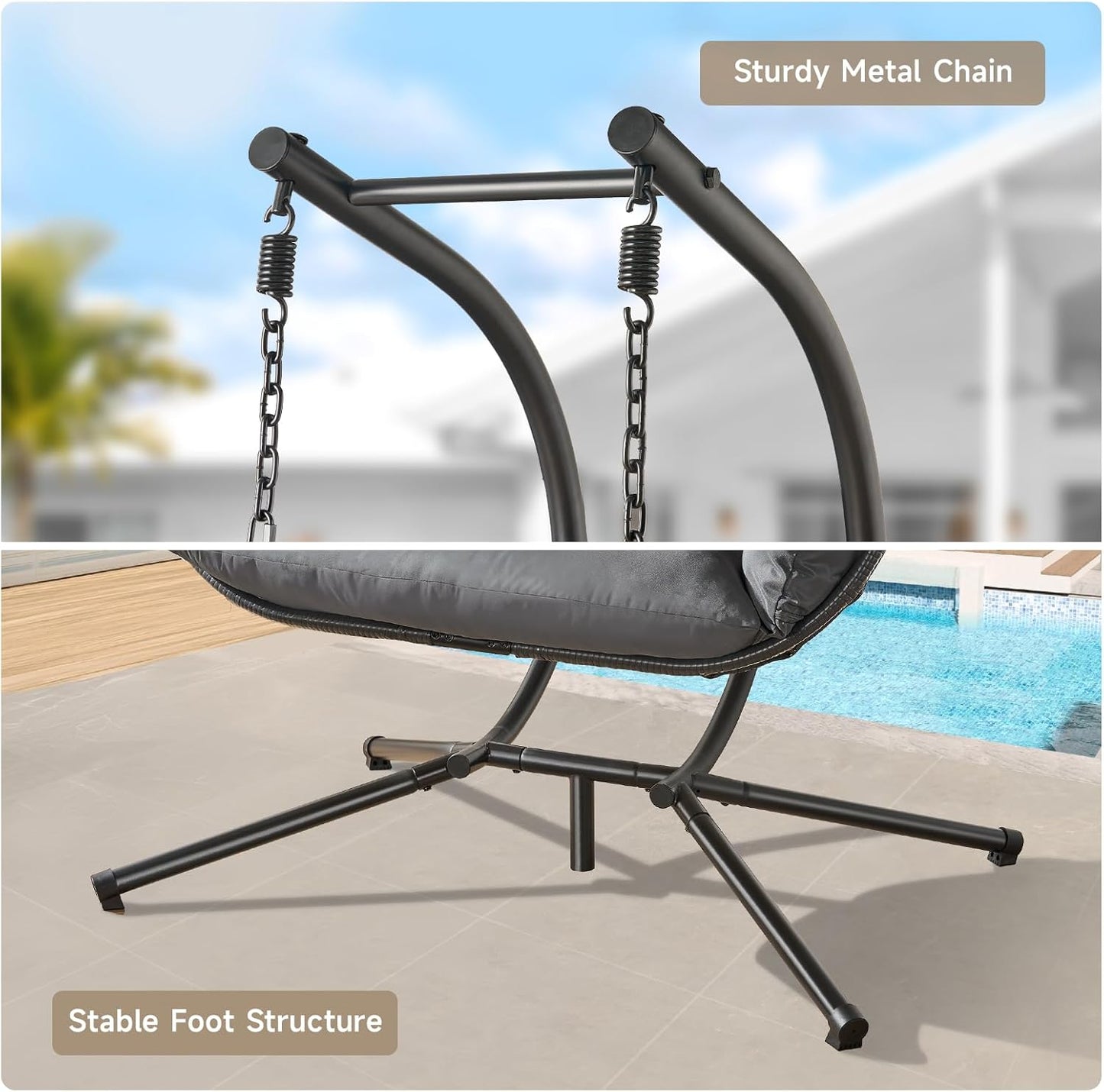 Double Egg Chair with Stand, Indoor Outdoor 2 Person Hammock Swing Chair with Cushions & Headrest, 650LBS Capacity Hanging Loveseat for Patio, Bedroom, Garden, Balcony (Black-Dark Gray)