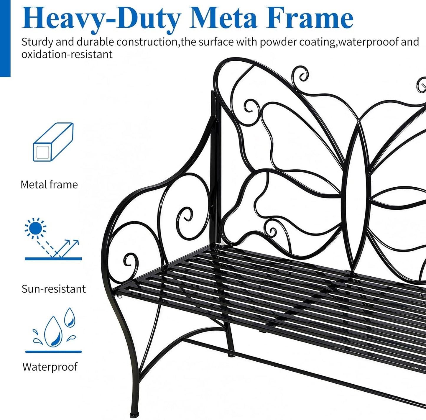 HLC Outdoor Bench Patio Outdoor Sturdy Rust-Resistant Garden Bench Butterfly Cast Iron Metal with Armrests for Garden, Park,Yard, Patio, Porch, Lawn Double Seats Black