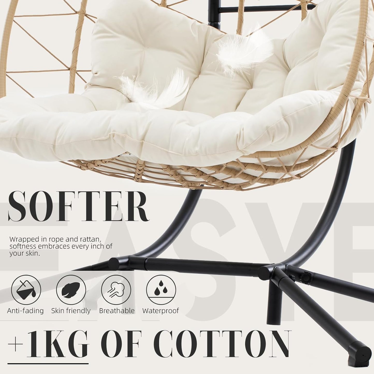 Easyego Double Egg Chair, 2-Person Hammock Chair with Stand, 660LBS Capacity, Thick Padded Cushion, UV Resistant PE Rattan Wicker, Indoor/Outdoor for Garden, Patio, Lawn, Bedroom, Balcony (Beige)
