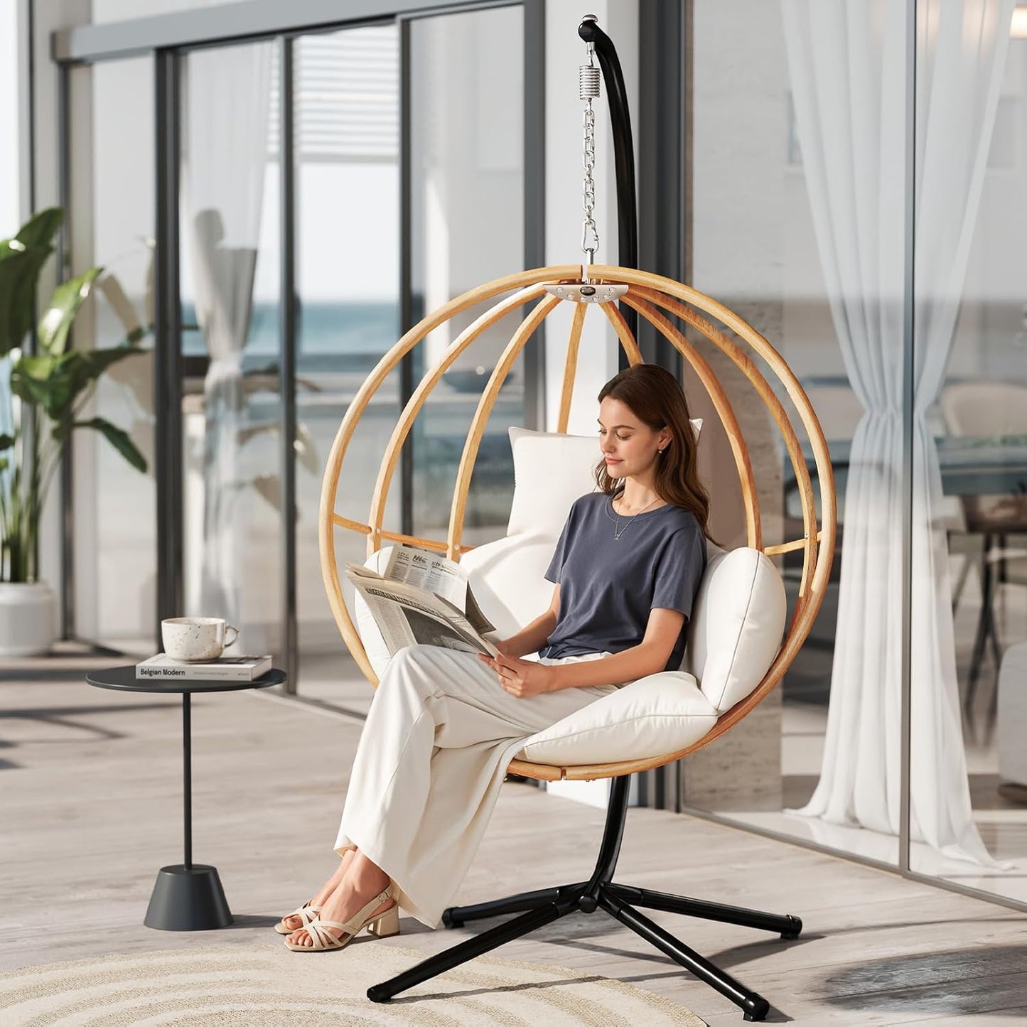 Double Egg Chair with Stand, Oversized Egg Chair Outdoor, 2-Person Hanging Eggs Chairs, 600Lbs Sturdy Loveseat Swinging Chair for Balcony, Patio, Deck, Grey