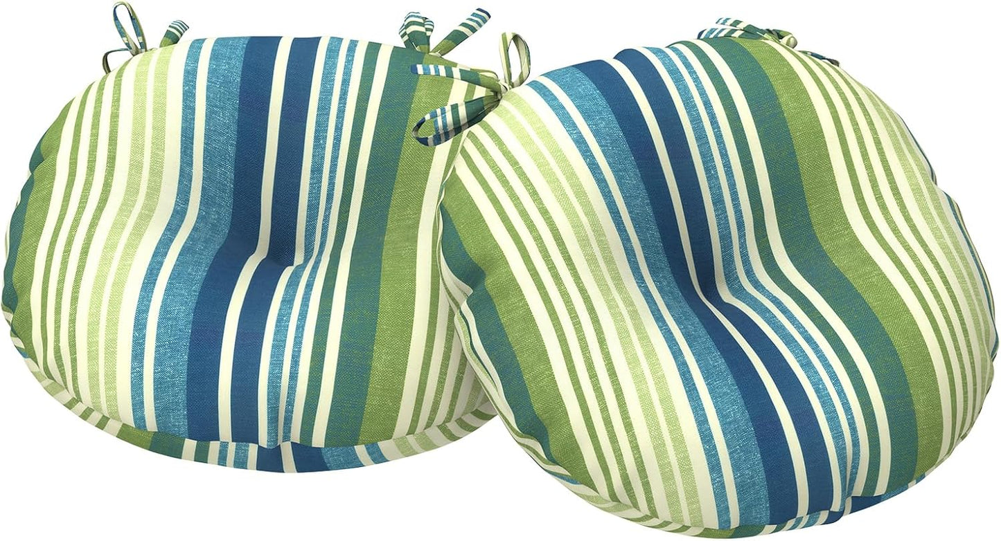 Outdoor Bistro Chair Cushions, Water Repellent Furniture Chair Pads Set of 2, Round Pillow for Decoration Home and Garden, 15”x15”x4”, Stripe Layered Blue
