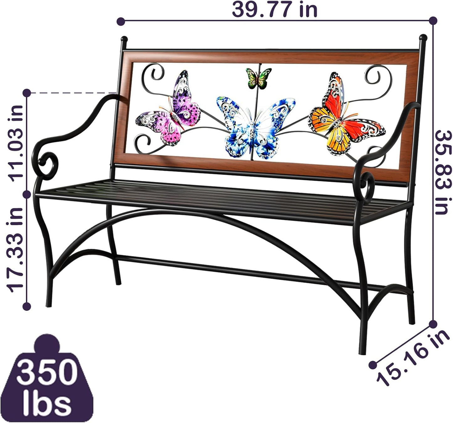 39.7" Outdoor Bench, Garden Bench, Patio Bench with Armrest, Slatted Seat and Butterfly Pattern Backrest for Outside, Front Porch, Park, Lawn, Backyard and Balcony, Cast Iron Metal Frame, Black
