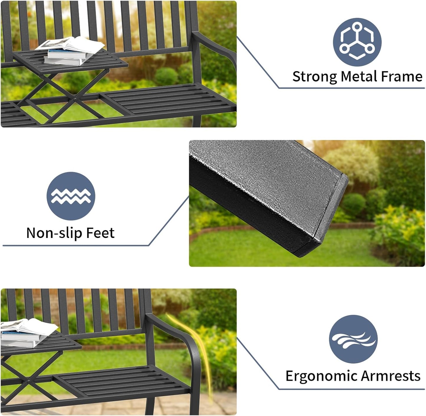 SHGJ&SOFT Outdoor Bench, Garden Bench, Cast Iron Metal Frame Patio Park Bench with a Small Table, for Porch, Lawn, Garden, Yard (D2644BK-1)