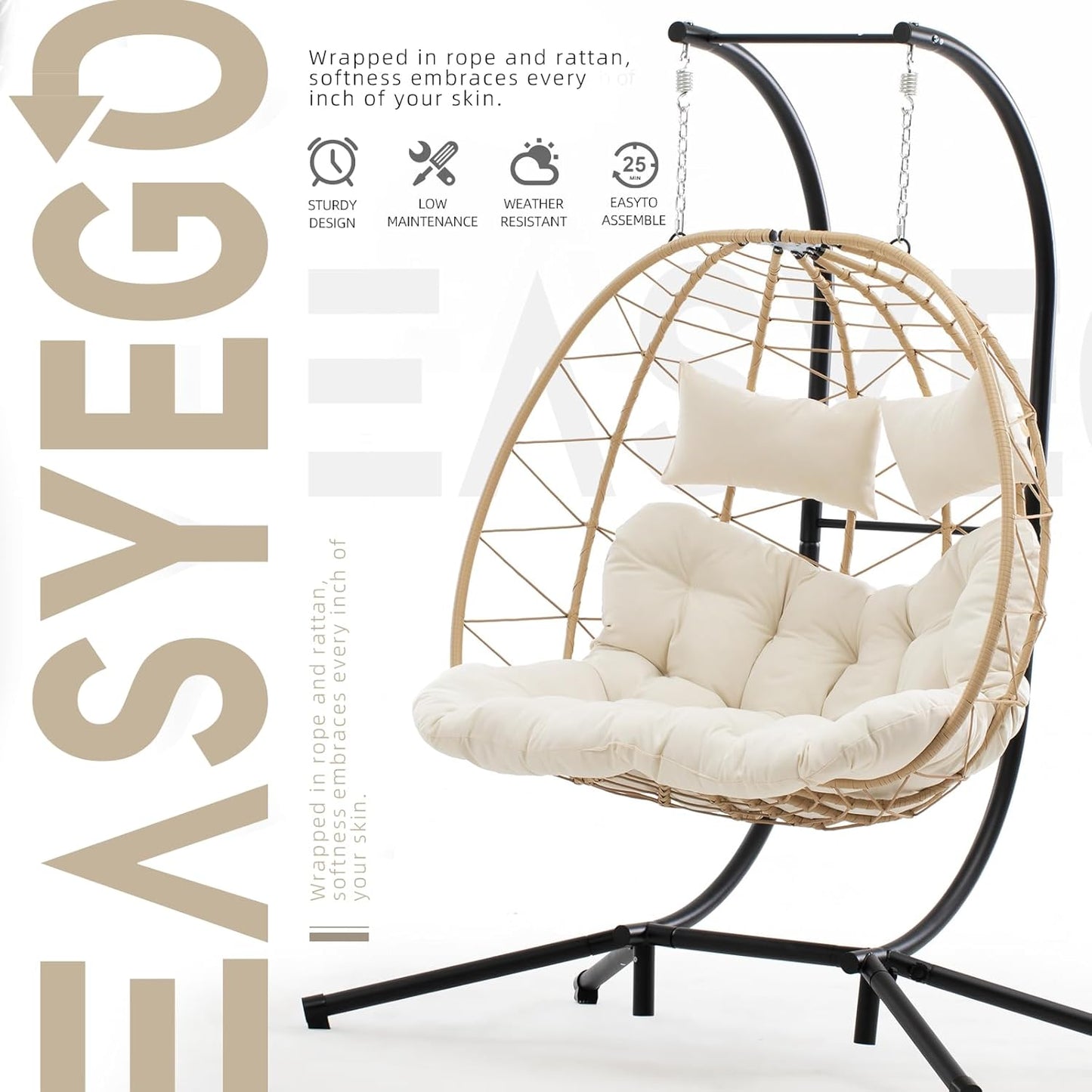 Easyego Double Egg Chair, 2-Person Hammock Chair with Stand, 660LBS Capacity, Thick Padded Cushion, UV Resistant PE Rattan Wicker, Indoor/Outdoor for Garden, Patio, Lawn, Bedroom, Balcony (Beige)