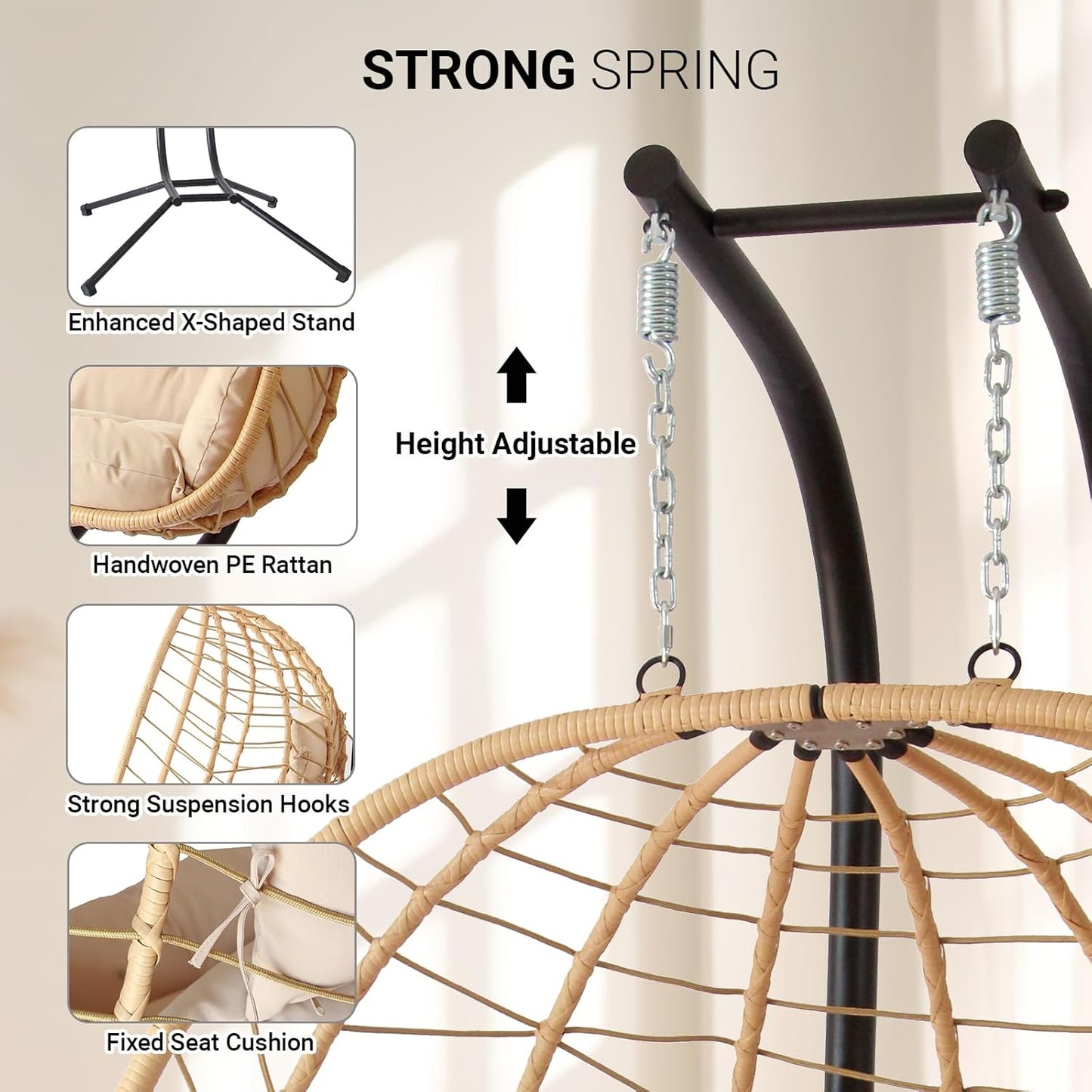 Double Egg Chair with Stand, Patio Wicker Hanging Swing Egg Chair Thickened, Galvanized Pipe Steel Frame and UV Resistant Cushion for Bedroom Garden Indoor Outdoor, 440LBS Capacity (Natural Beige)