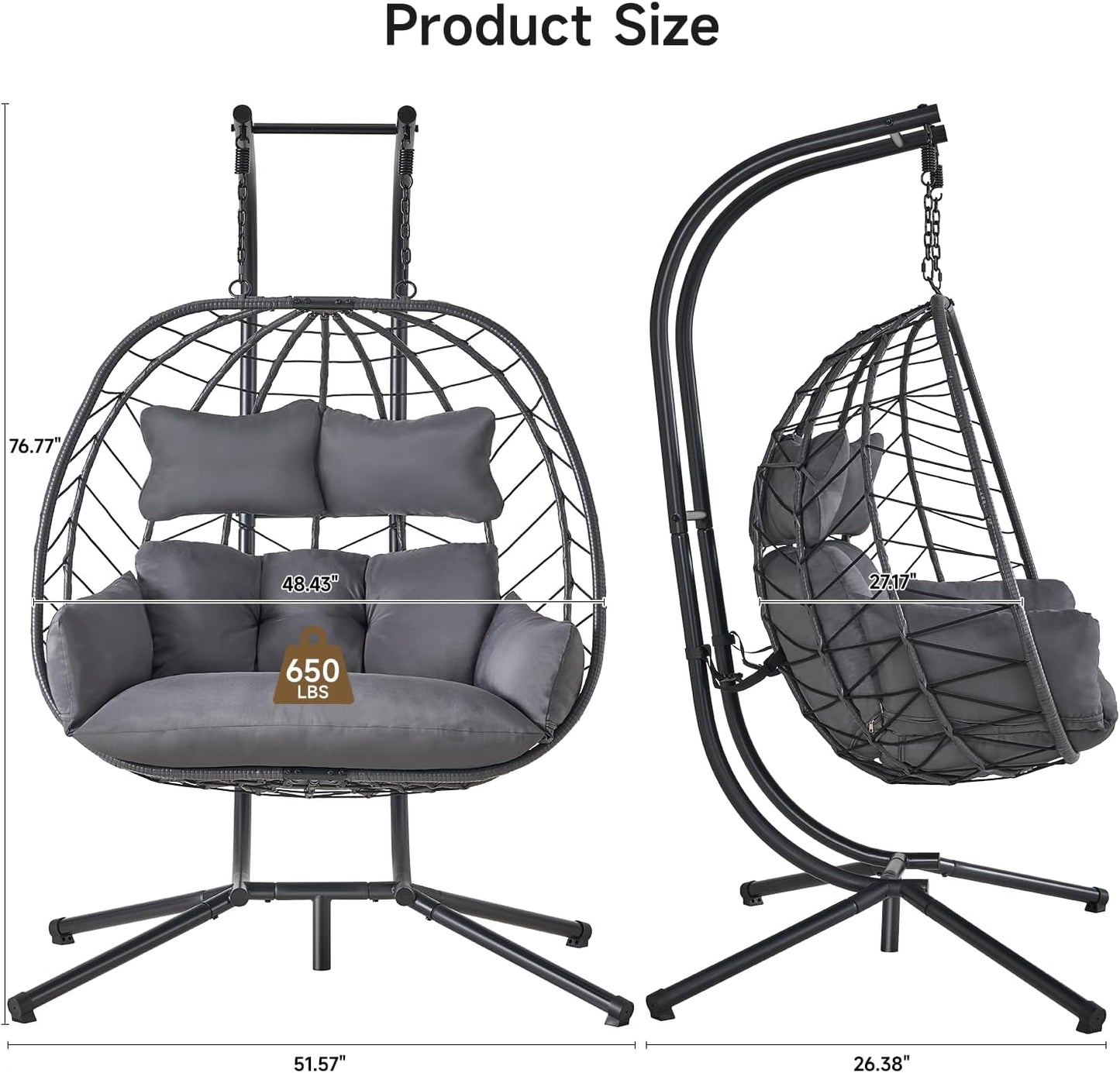 Double Egg Chair with Stand, Indoor Outdoor 2 Person Hammock Swing Chair with Cushions & Headrest, 650LBS Capacity Hanging Loveseat for Patio, Bedroom, Garden, Balcony (Black-Dark Gray)